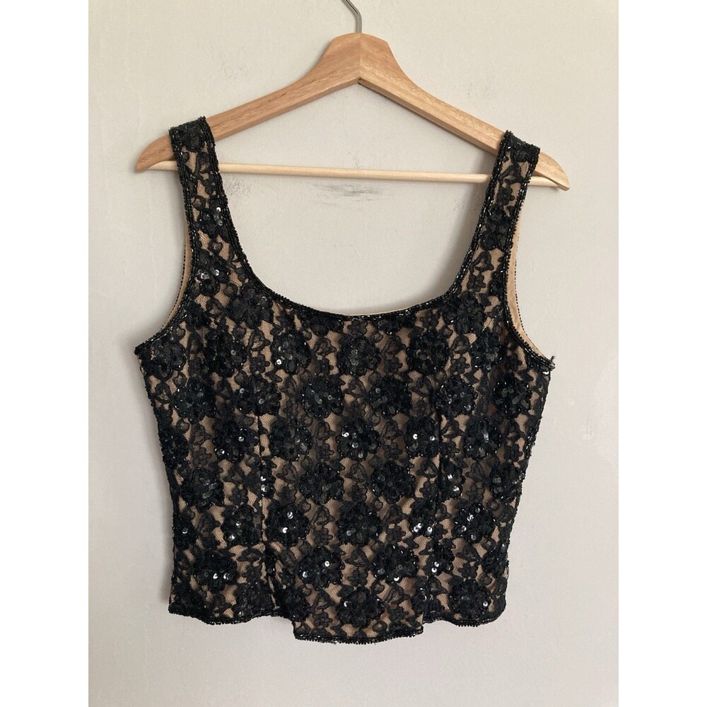 Vtg Andretta Donatello Beaded Sequins Lace Top MEDIUM Sleeveless Black Elegant